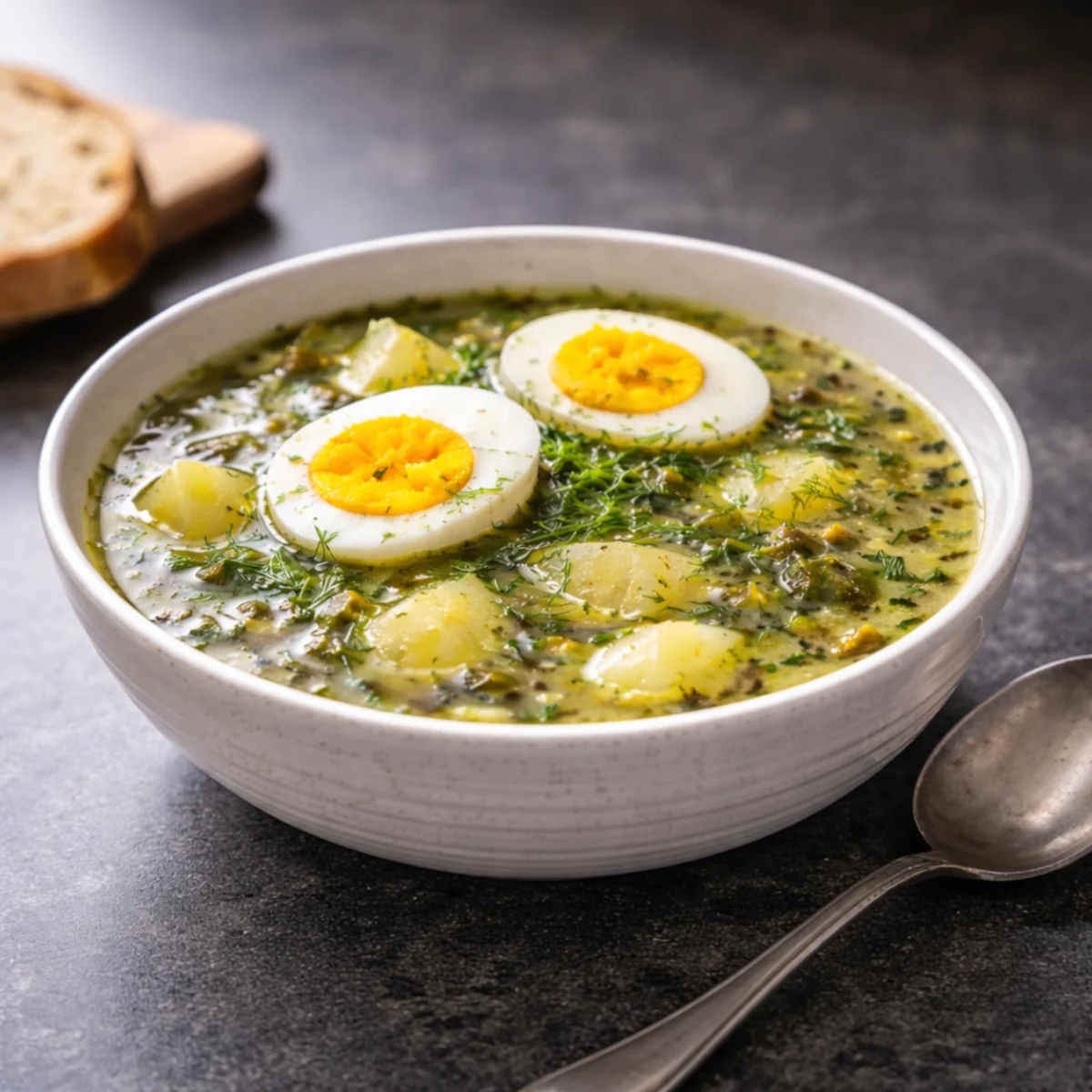Zupa szczawiowa z jajkiem w ceramicznej misce na ciemnym kamiennym blacie