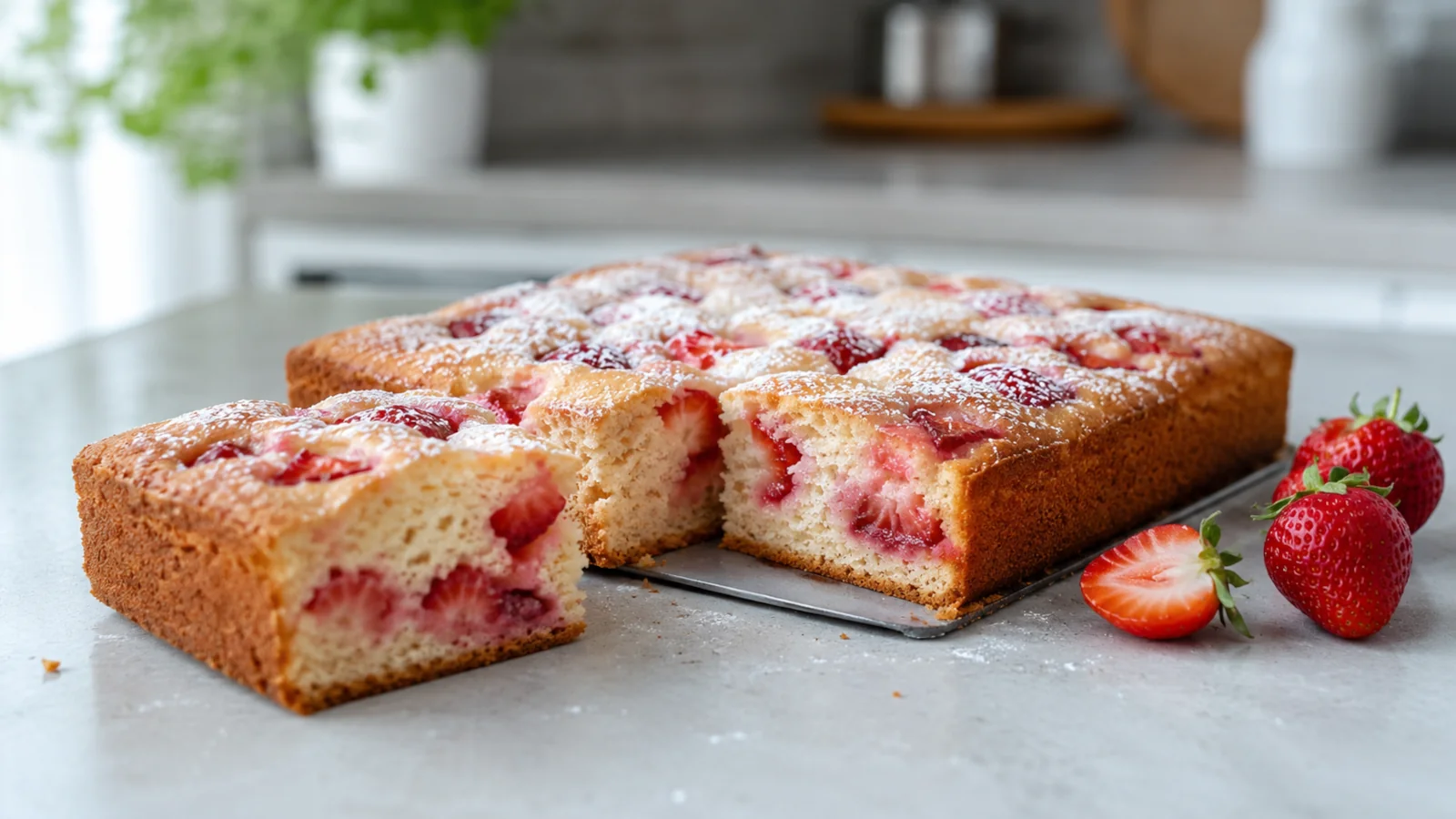 Puszyste ciasto z truskawkami bez miksera pokrojone na kawałki na jasnym kuchennym blacie