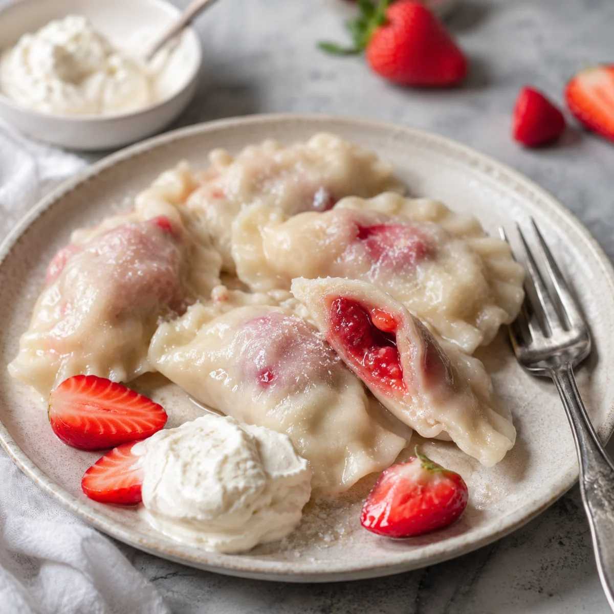 Pierogi z truskawkami z widocznym owocowym nadzieniem, podane ze śmietaną i świeżymi truskawkami