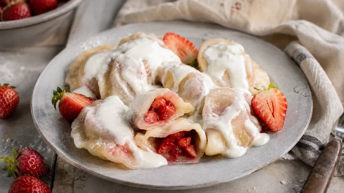 Pierogi z truskawkami polane śmietaną, podane z kawałkami świeżych truskawek na ceramicznym talerzu