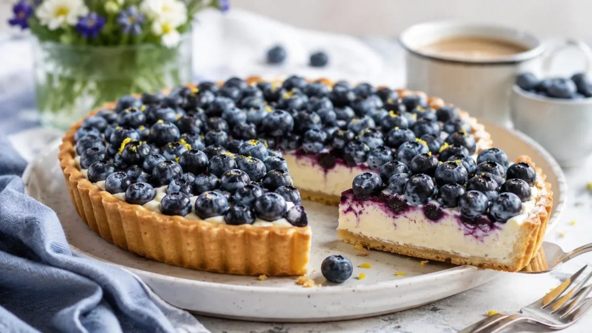 Tarta z borówkami i kremem mascarpone na kruchym spodzie z wyciętym kawałkiem