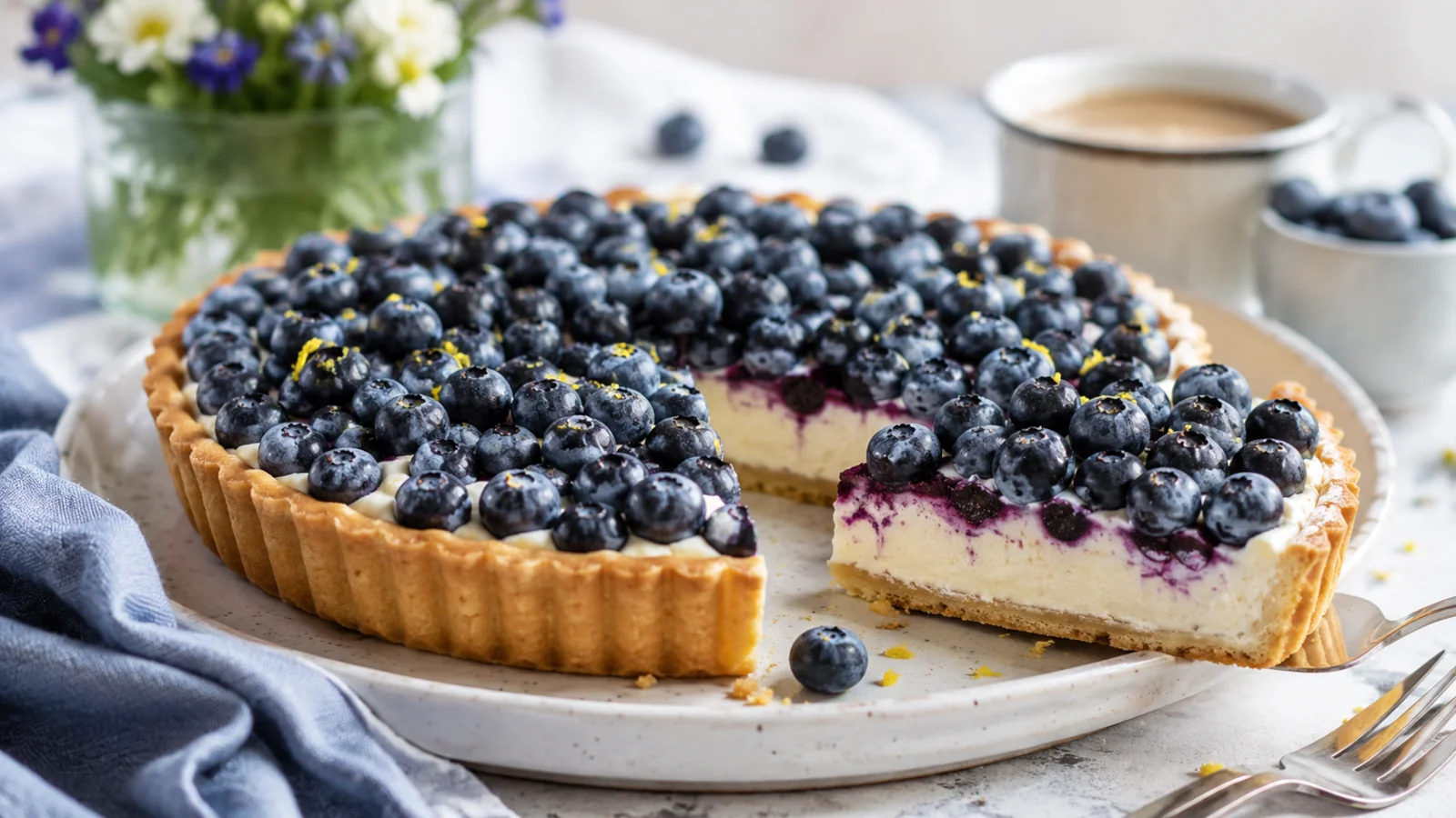 Tarta z borówkami i kremem mascarpone na kruchym spodzie z wyciętym kawałkiem