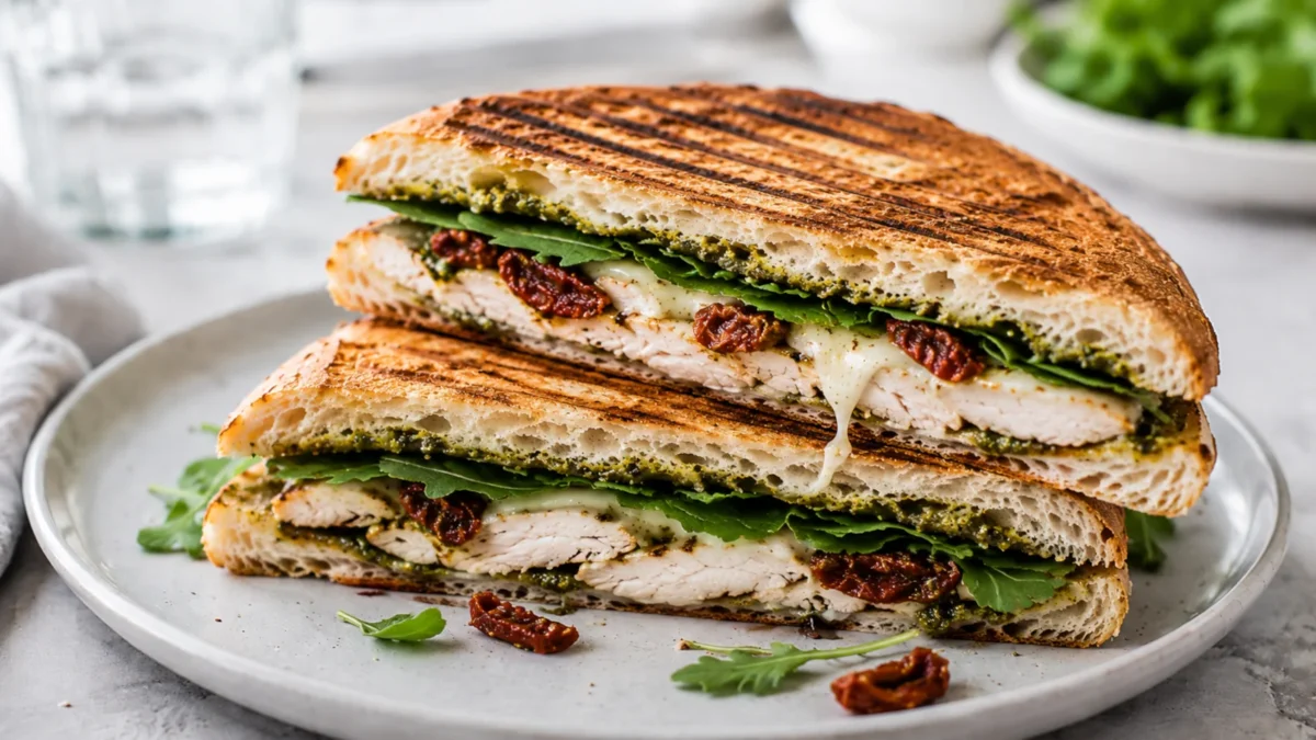 Grillowane panini z kurczakiem, mozzarellą, pesto, rukolą i suszonymi pomidorami