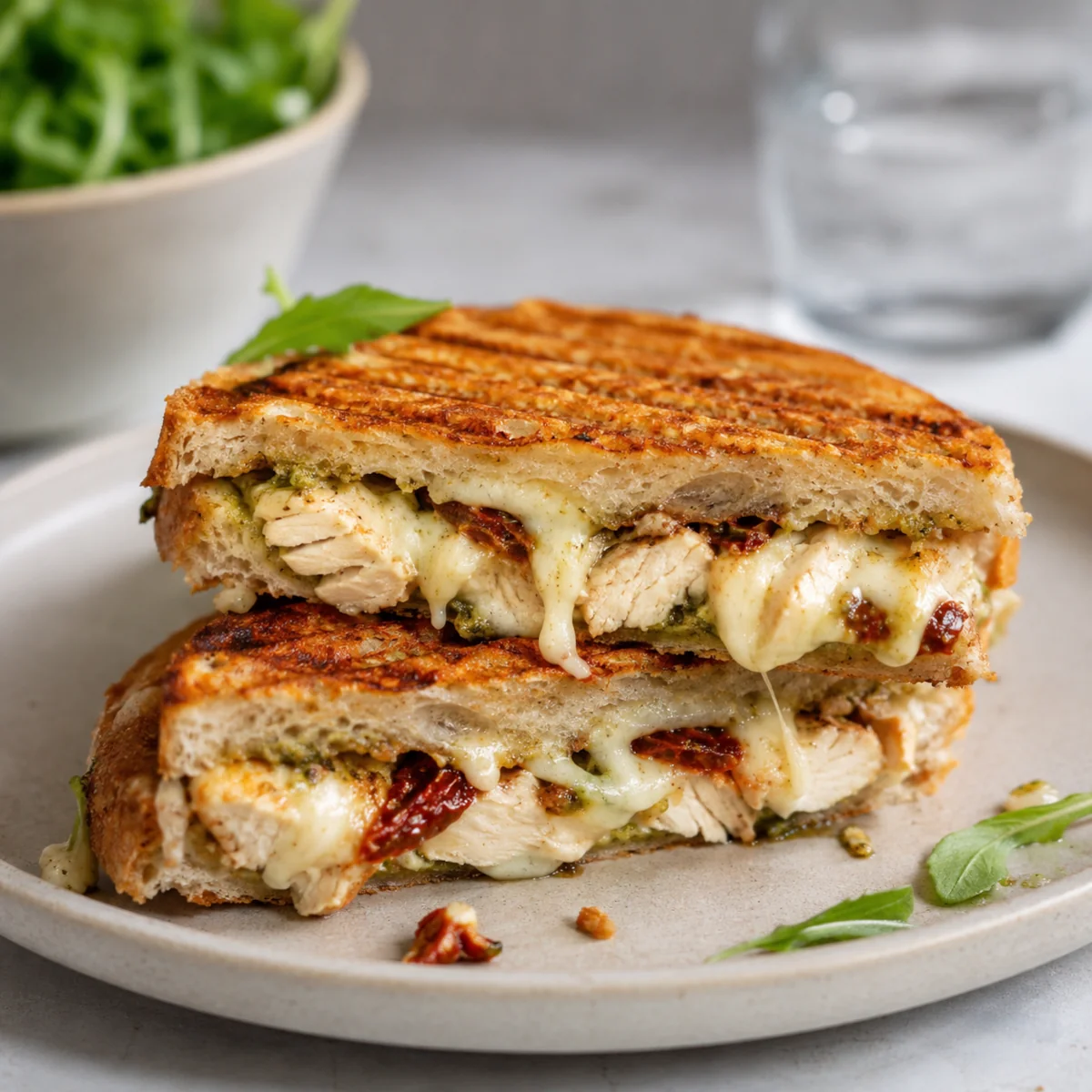 Panini z mozzarellą i kurczakiem z ciągnącym serem, pesto i suszonymi pomidorami na jasnym talerzu