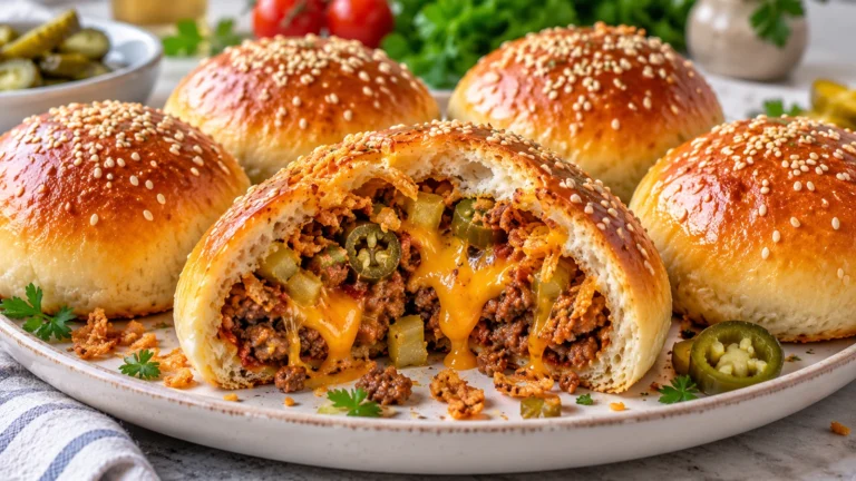 Bułeczki cheeseburgerowe z wołowiną, roztopionym serem cheddar, ogórkiem konserwowym, jalapeño i prażoną cebulką.