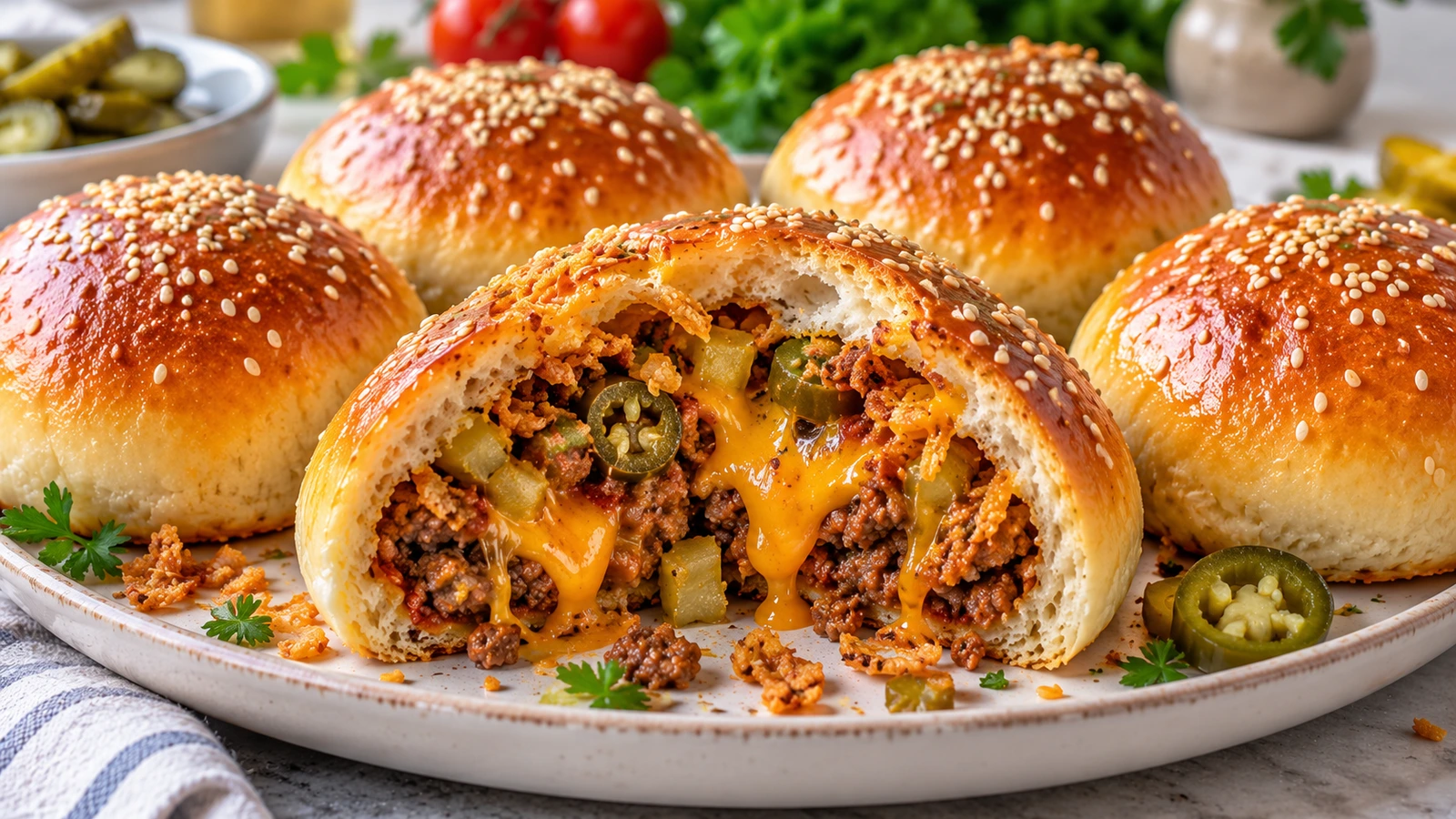 Bułeczki cheeseburgerowe z wołowiną, roztopionym serem cheddar, ogórkiem konserwowym, jalapeño i prażoną cebulką.