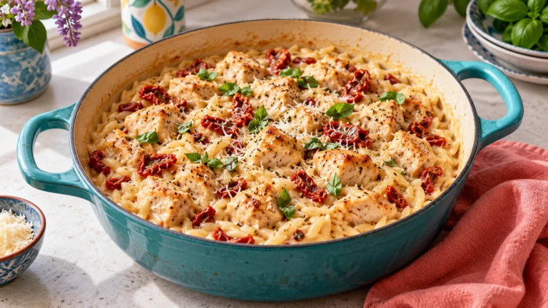 Makaron orzo z kurczakiem, suszonymi pomidorami i parmezanem w turkusowym garnku.