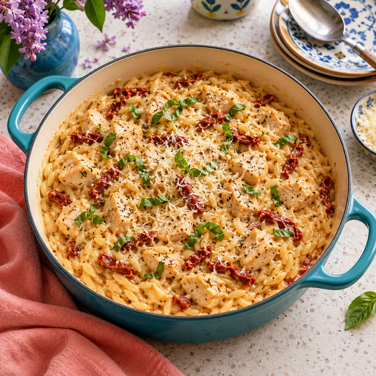 Ujęcie z góry na orzo z kawałkami kurczaka, suszonymi pomidorami, bazylią i tartym serem.