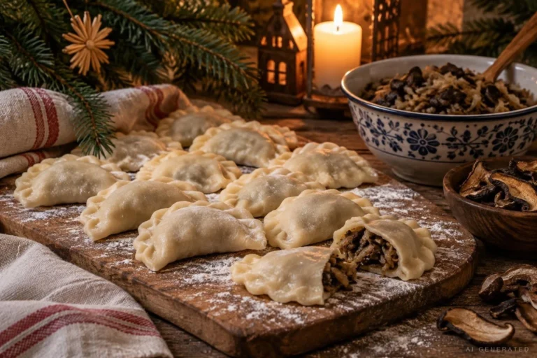 Pierogi z kapustą i grzybami na oprószonej mąką desce, obok miska farszu